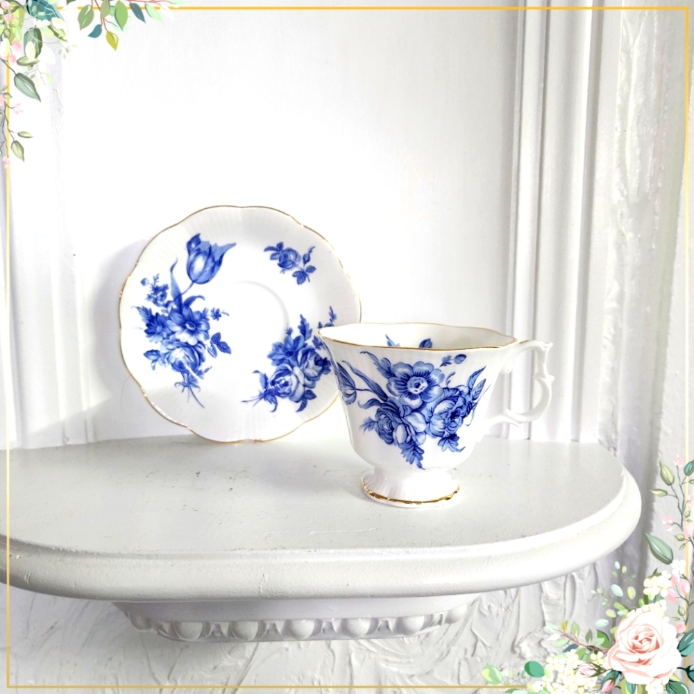 Royal Albert Blue Floral Tea Cup with Fluted Rims, 22 Carat Gold Trim, England